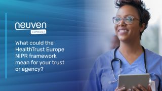 Nurse with tablet in hand with overlaying text saying